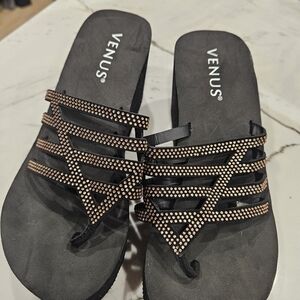 Venus Black and Brown Rhinestone Platform Sandals 8M